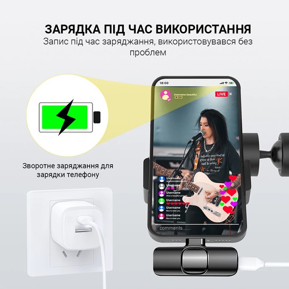 Беспроводной петличный микрофон Onedery для iPhone, Lighting Черный,с шумоподавлением 80 мАч BPML фото